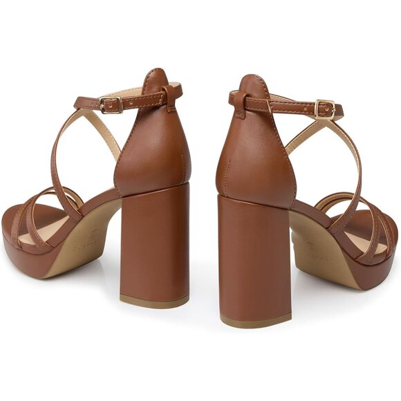 Women's Brown Sandal Stylish Comfortable Chunky Blocked Strappy Heel Shoe - Picture 4 of 5